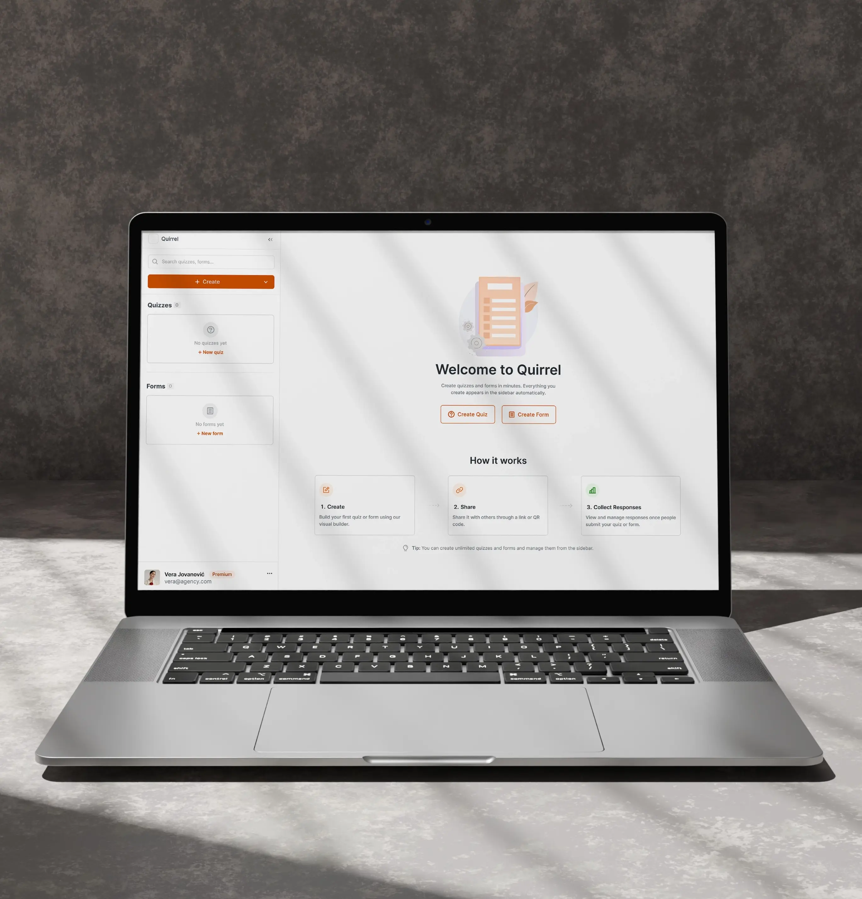 Quirrel quiz and form builder dashboard displayed on a laptop