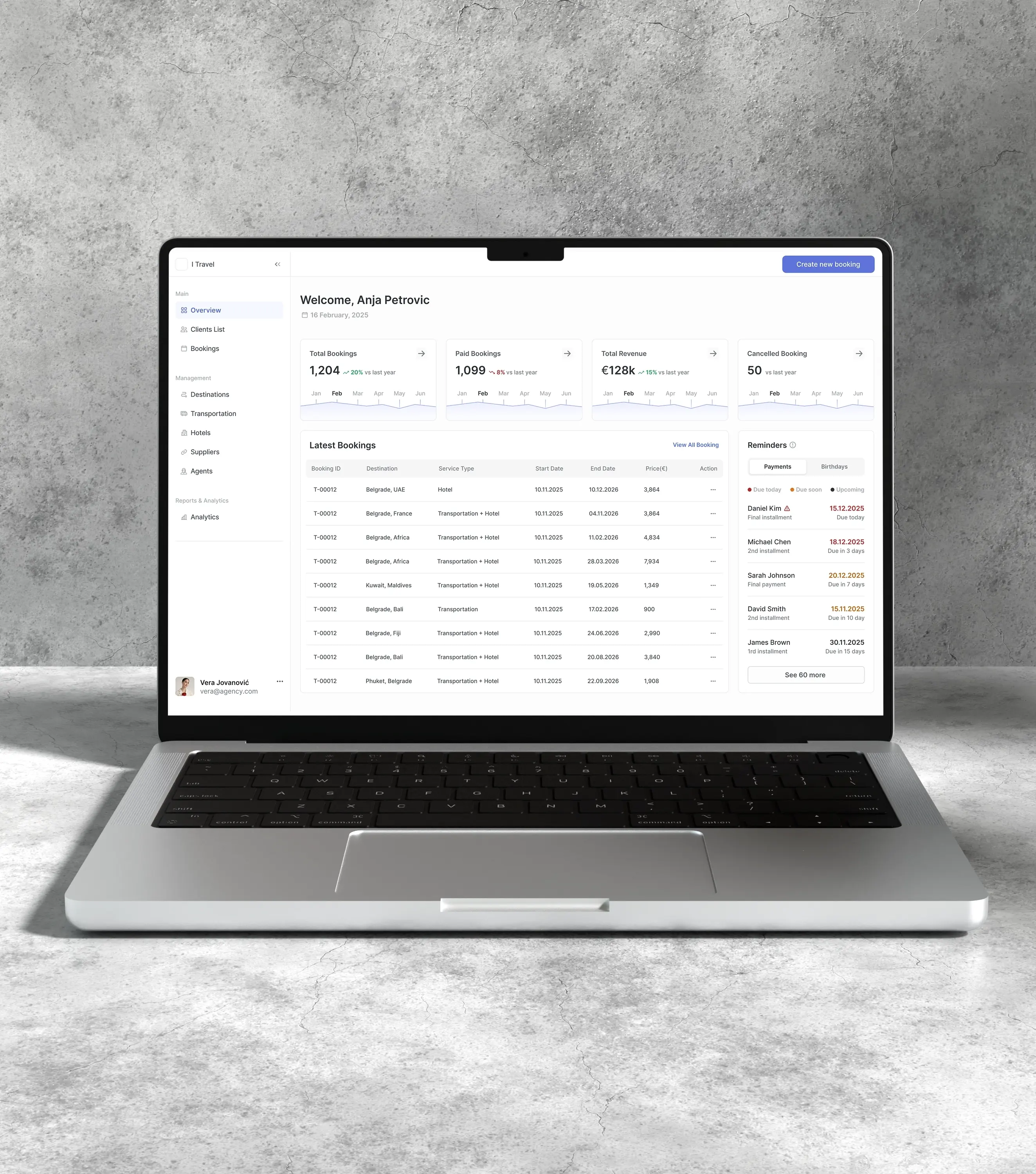 Travel agency CRM dashboard displayed on a laptop