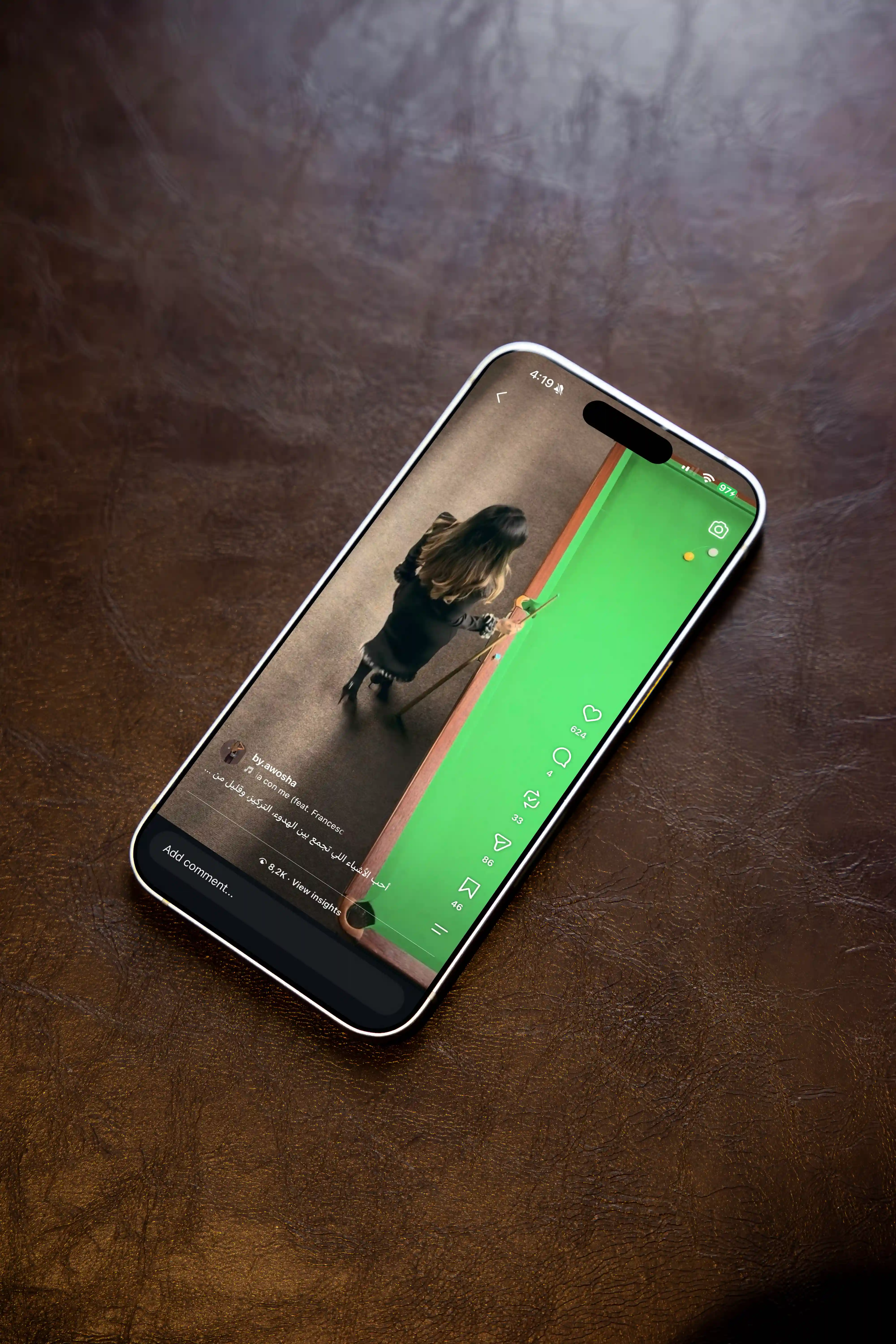 Snooker reel displayed on a phone