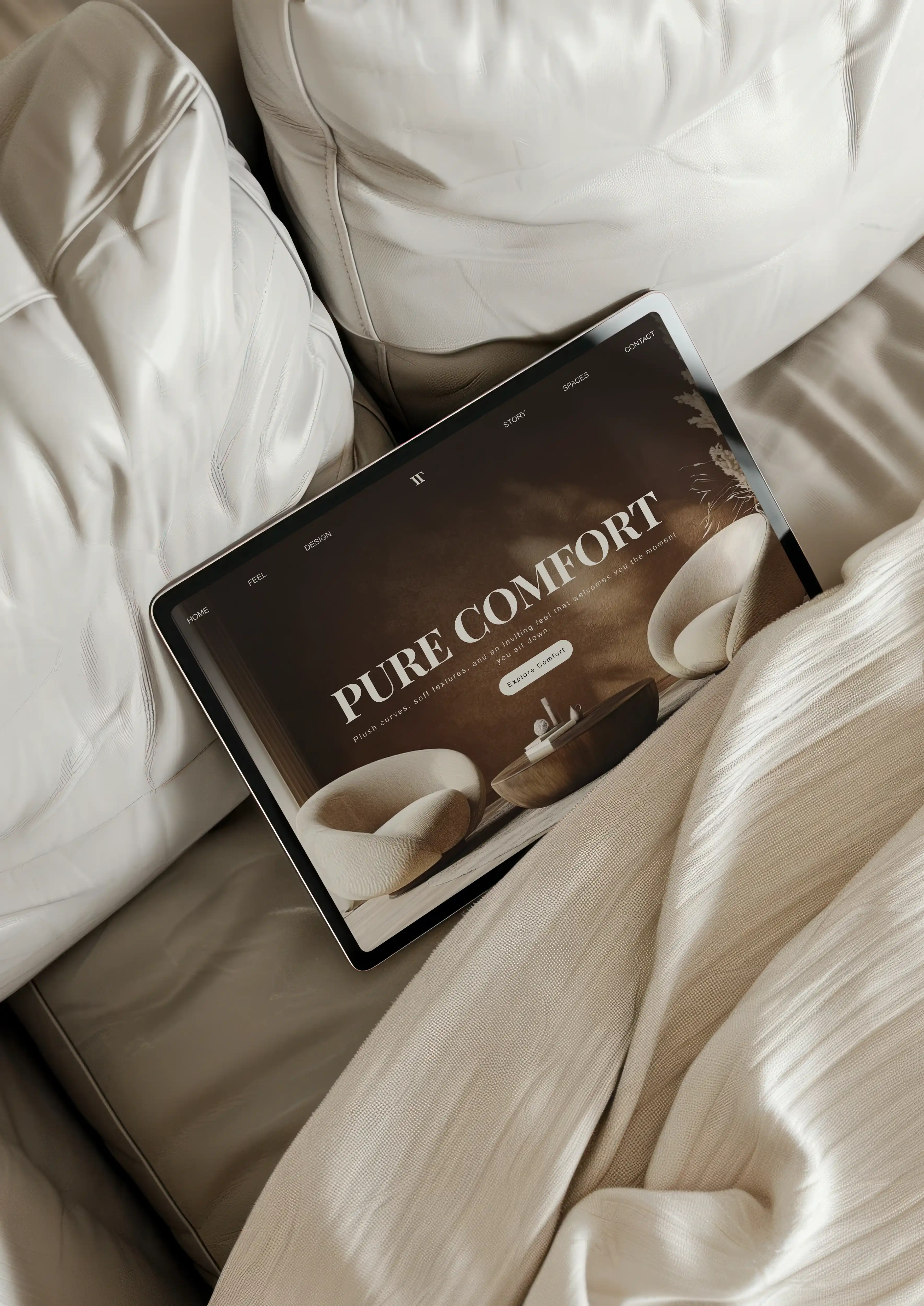 Coffee brand website shown on a tablet on a bed